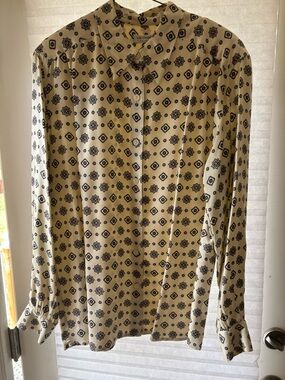 Vintage Liz Claiborne Cream Blouse with Green and Burgundy Geometric Motif